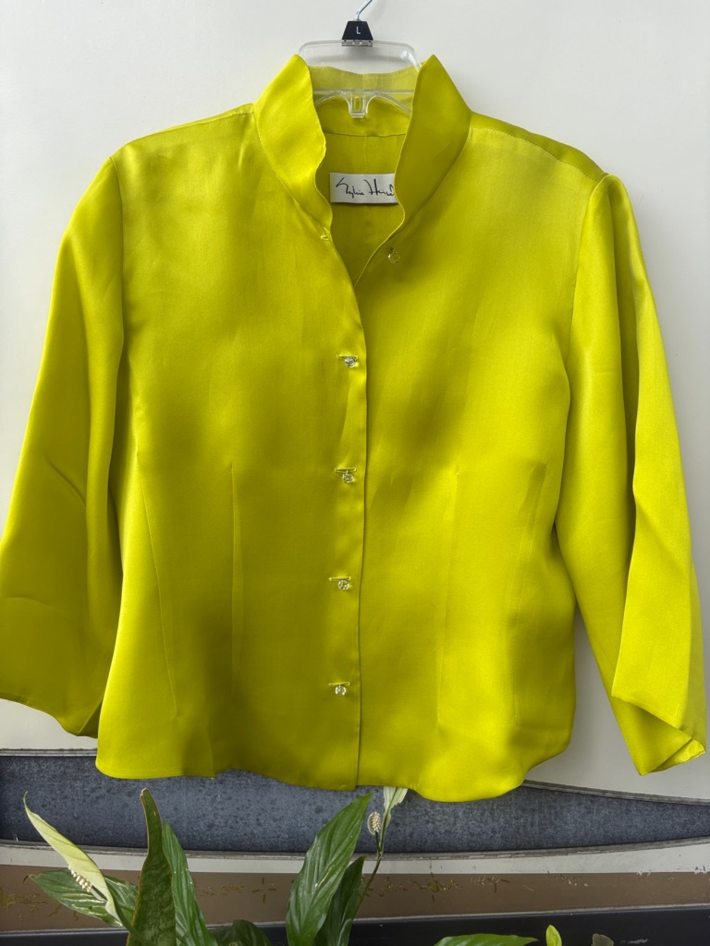 Silk Mandarin Collar Button-Down Top in Lime Green